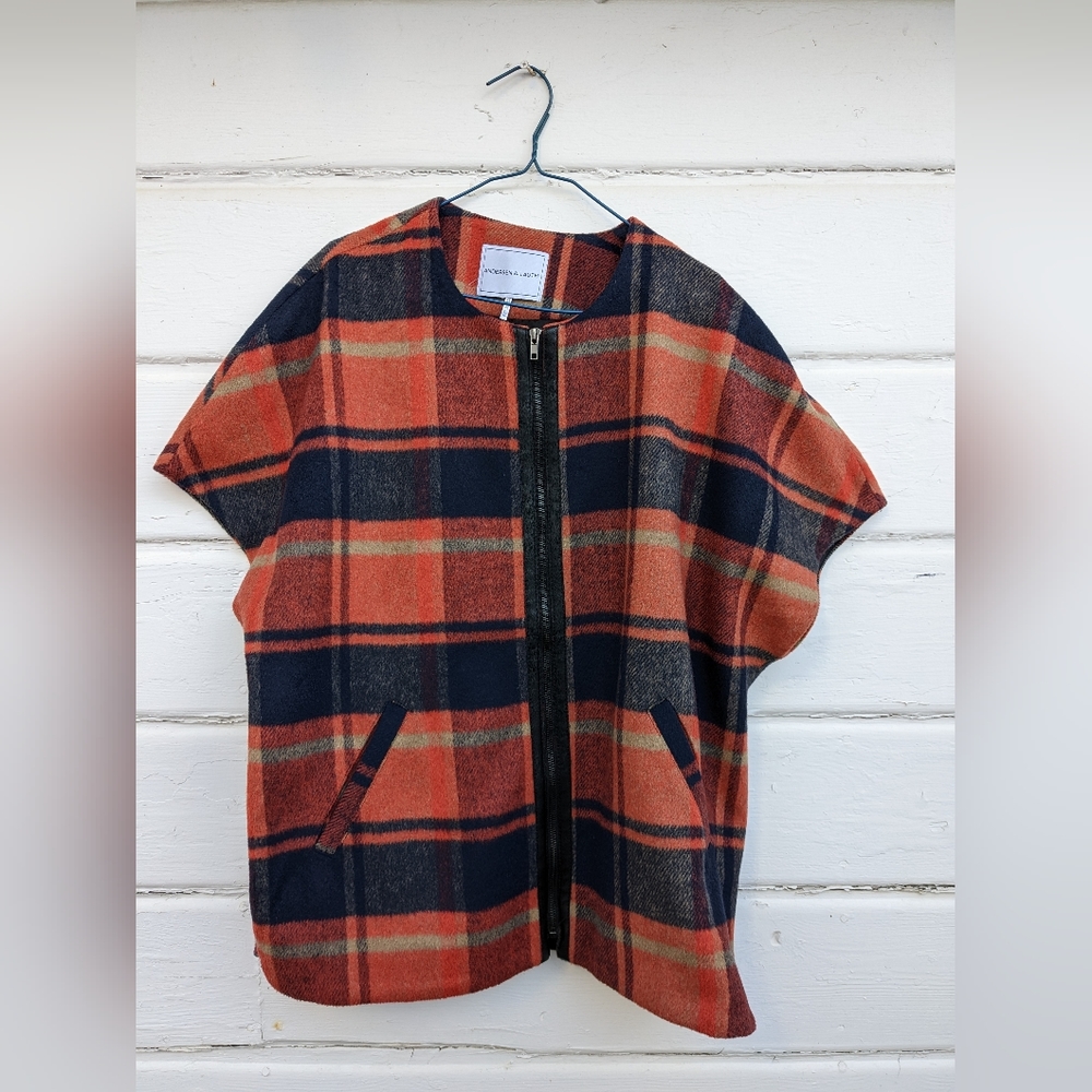 Andersen & Lauth Anthropologie Orange Plaid Zip Up Capelet Poncho Sleeveless